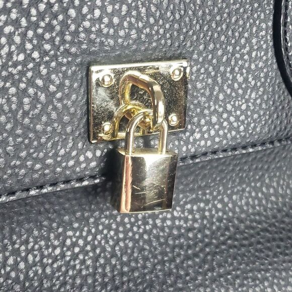 Two Tone Satchel Black Faux Leather Handbag with Decorative Lock - Picture 10 of 17